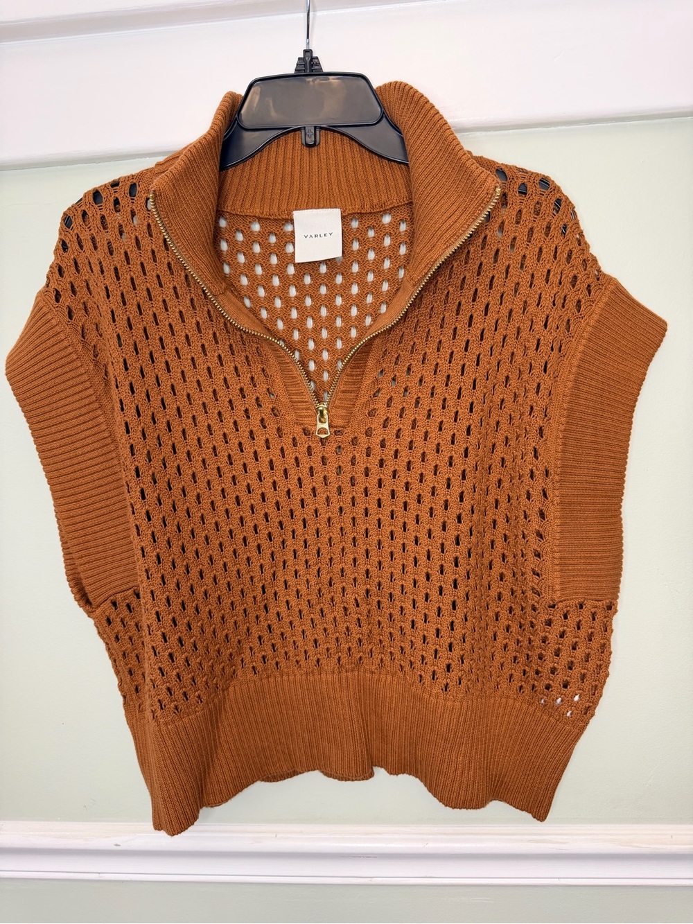 Varley Open-Knit Zip-Front Sleeveless Sweater Vest in Rust